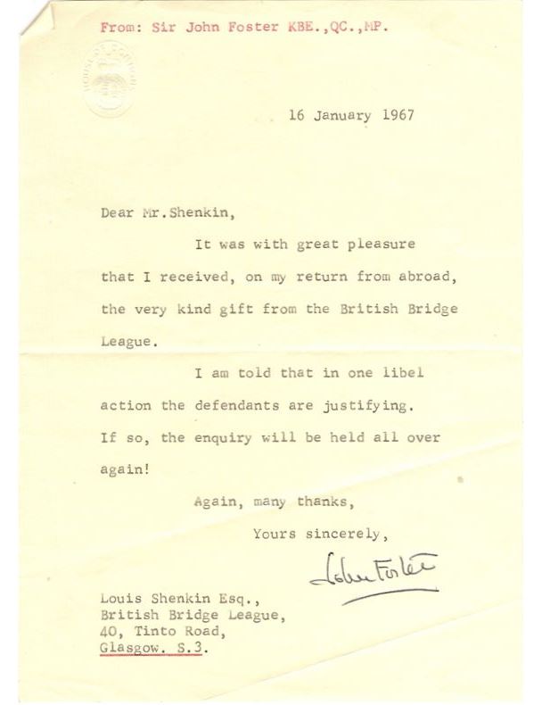 Letter from Sir John thanking my father for gift of wine sent by the BBL as a small token for 15 months work which was performed free of charge.